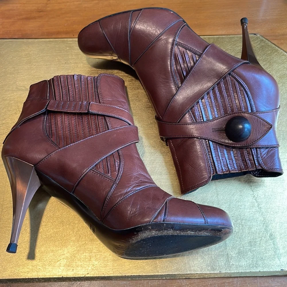 Miu Miu Capretto Stitch Cotto Leather Booties in Brown Leather and Copper